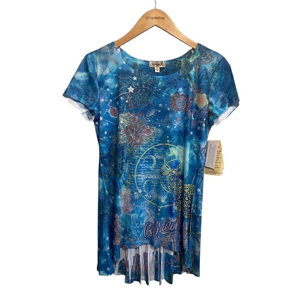 NWT One World Capricorn Blue Printed Studded Zodiac Y2k Babydoll Tee Size XS